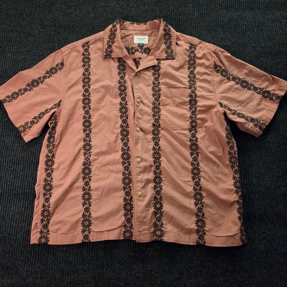 American Eagle Pink Brown Embroidered Button Up Linen Blend Men's L Boxy Fit